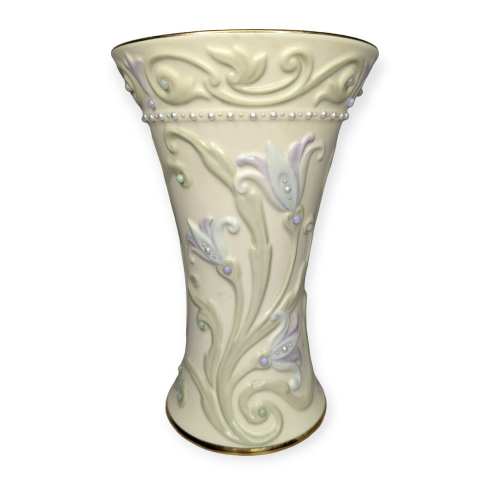 Retired Lenox Gem Blossoms Medium Vase with Raised Flowers & Pearls